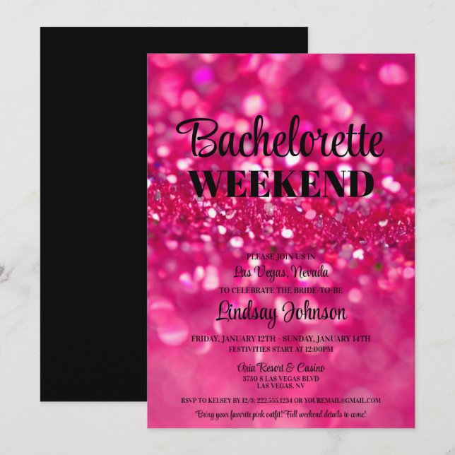 Hot Pink Glitzer Glam Junggeselinnen-Abschied Week Einladung (Vorne/Hinten)