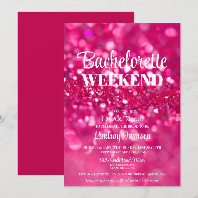 Hot Pink Glitzer Glam Junggeselinnen-Abschied Week Einladung (Vorne/Hinten)