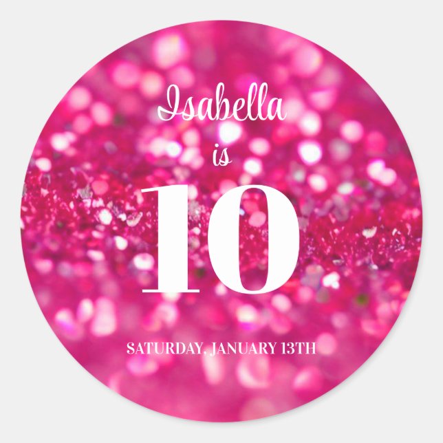 Hot Pink Glitzer Glam Personalisiert 10. Geburtsta Runder Aufkleber (Vorderseite)