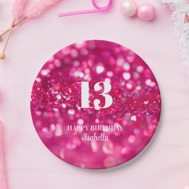 Hot Pink Glitzer Glam Personalisiert 13. Geburtsta Pappteller (Hot Pink Glitter 13th Birthday Party Paper Plates, Party Table Decorations)