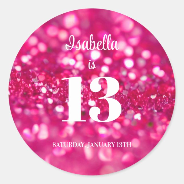 Hot Pink Glitzer Glam Personalisiert 13. Geburtsta Runder Aufkleber (Vorderseite)