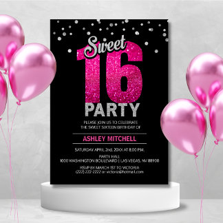 Hot Pink Glitzer Glitzern 16 . GEBURTSTAG 16 Party Einladung