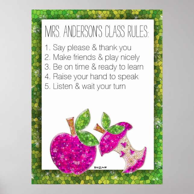 Hot Pink Glitzer Green Teachers Apple Class Rules Poster (Vorne)
