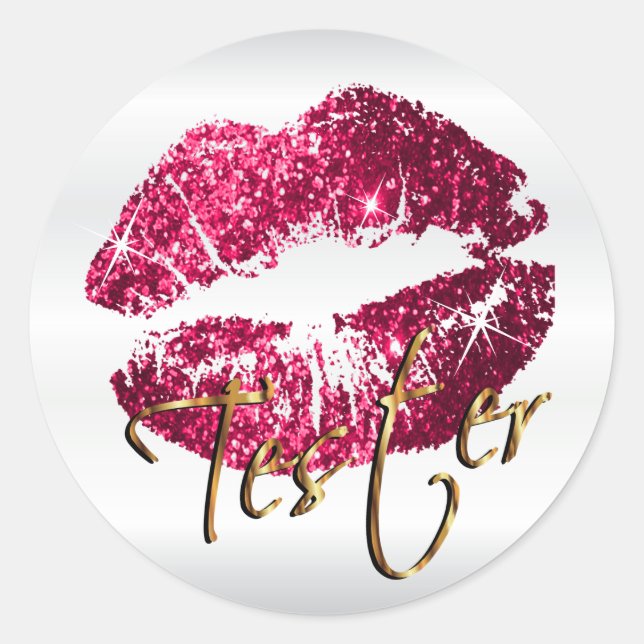 Hot Pink Glitzer Lippen auf Satin White - Tester Runder Aufkleber (Vorderseite)