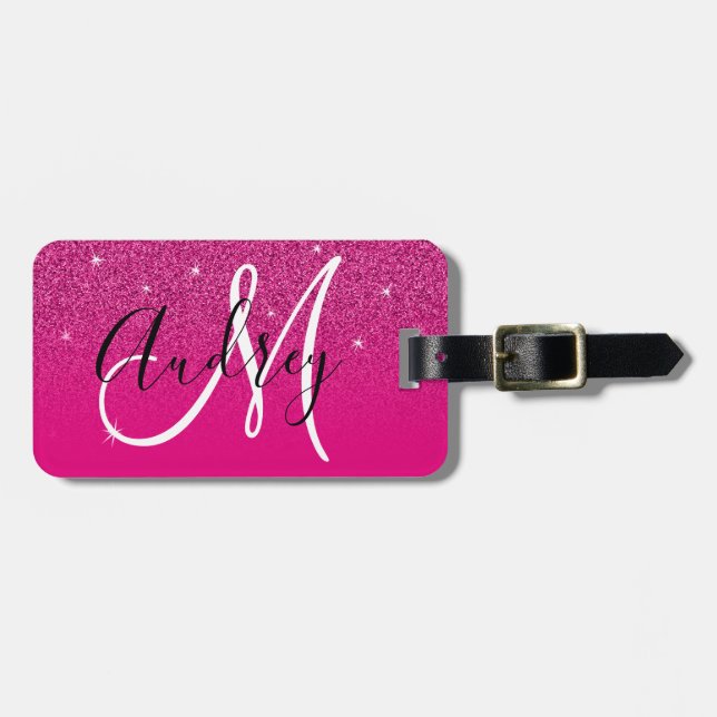 Hot Pink Glitzer Ombre Personalisiert Monogram Gepäckanhänger (Vorderseite horizontal)