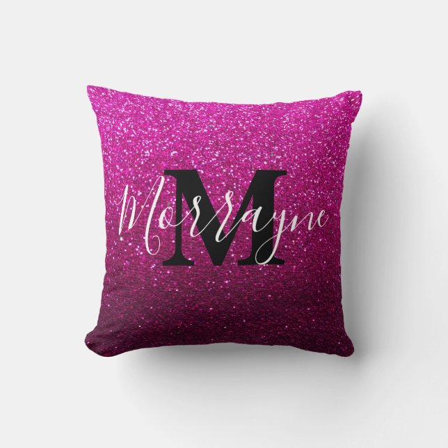 Hot Pink Glitzer Ombre Sparkle Metallic Monogram Kissen (Vorderseite)