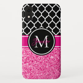 Hot Pink Glitzer Schwarz-Weiß-Trellis-Monogramm Case-Mate iPhone Hülle