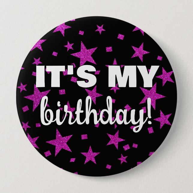 Hot Pink Glitzer Stars Confetti Es ist mein Geburt Button (Vorderseite)