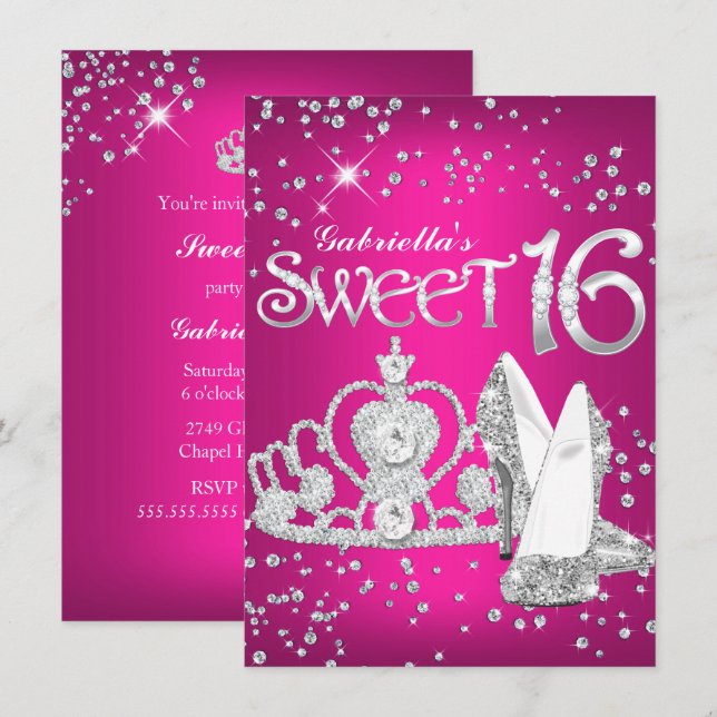 Hot Pink Glitzer Tiara Heelse Sweet 16 Einladung (Vorne/Hinten)