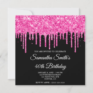 Hot Pink Glitzer Tropfen Black 40. Geburtstag Einladung
