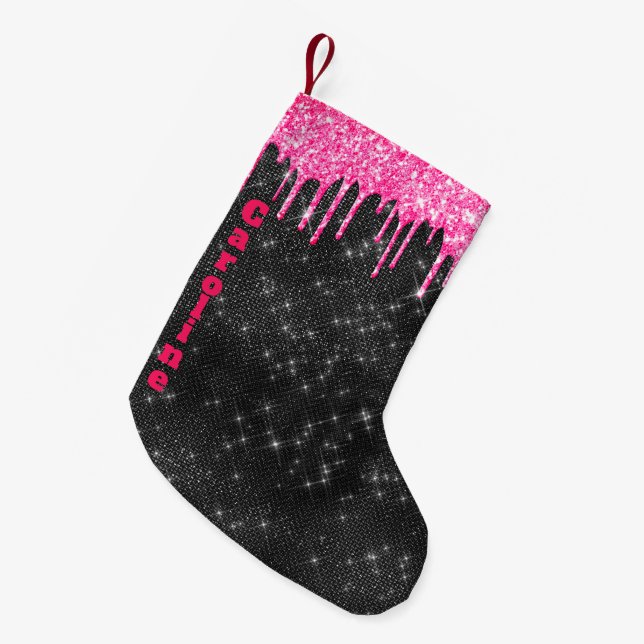 Hot Pink Glitzer Tropfen Black Sparkle Individuell Kleiner Weihnachtsstrumpf (Vorderansicht (hängend))