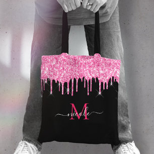 Hot Pink Glitzer Tropfen Monogram Name Black Toag  Tasche