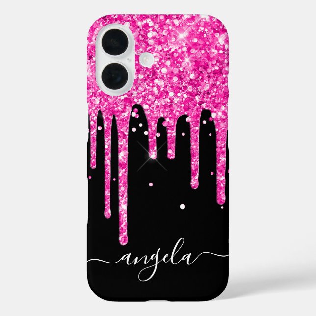Hot Pink Glitzer Tropfen Schwarzes Glam Signatur iPhone 16 Hülle (Rückseite)