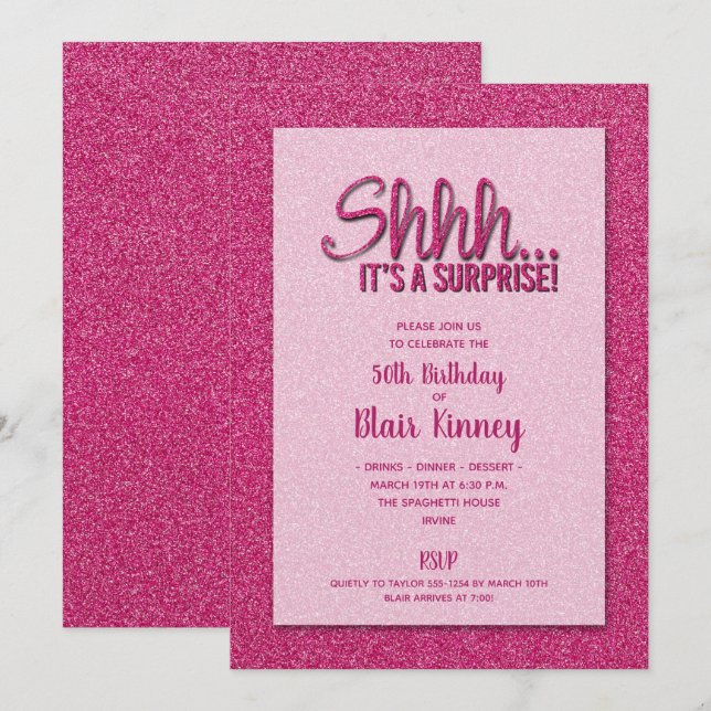 Hot Pink Glitzer ÜBERRASCHUNG Geburtstag Einladung (Vorne/Hinten)