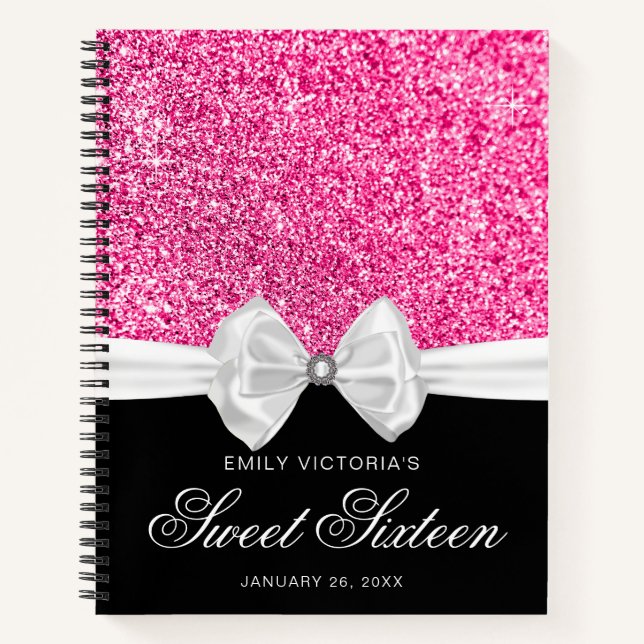 Hot Pink Glitzer White Bow Sweet 16 Gästebuch Notizbuch (Vorderseite)