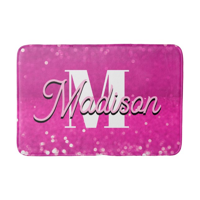 Hot Pink Glitzern Bokeh Monogram Badematte (Vorderseite)