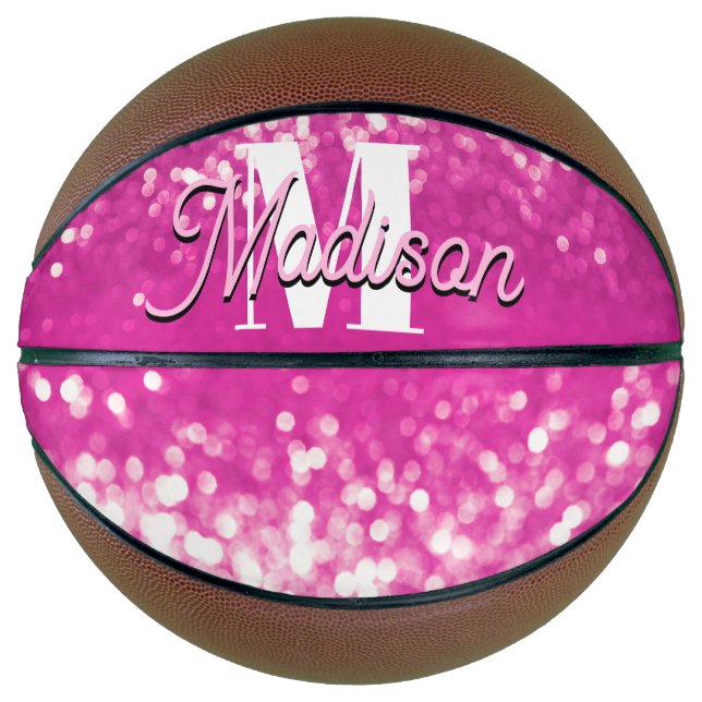 Hot Pink Glitzern Bokeh Monogram Basketball (Vorderseite)