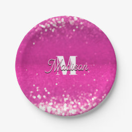Hot Pink Glitzern Bokeh Monogram Pappteller