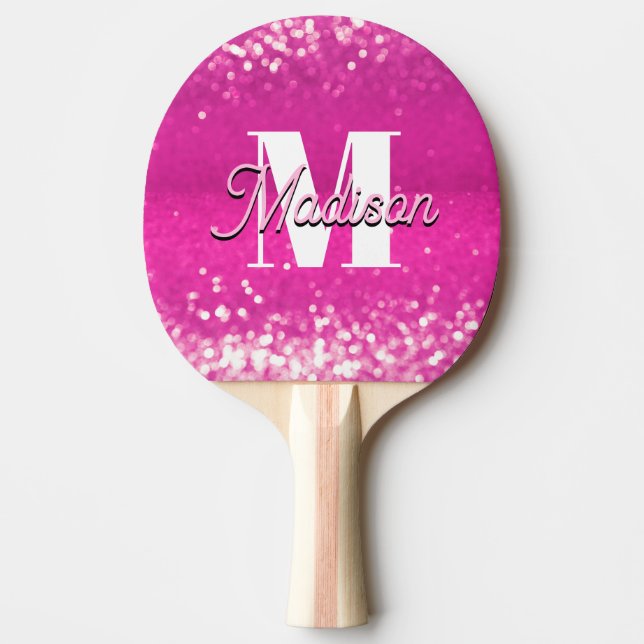 Hot Pink Glitzern Bokeh Monogram Tischtennis Schläger (Vorderseite)