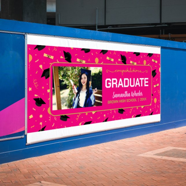 Hot Pink Glückwunsch Graduieren Custom Foto Abschl Banner (Von Creator hochgeladen)