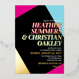 Hot Pink & Gold 80er Typografy Retro Wedding Folieneinladung