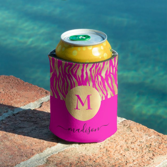 Hot Pink Gold Animal Print Monogram Name Glam Chic Dosenkühler (In Situ Pool)