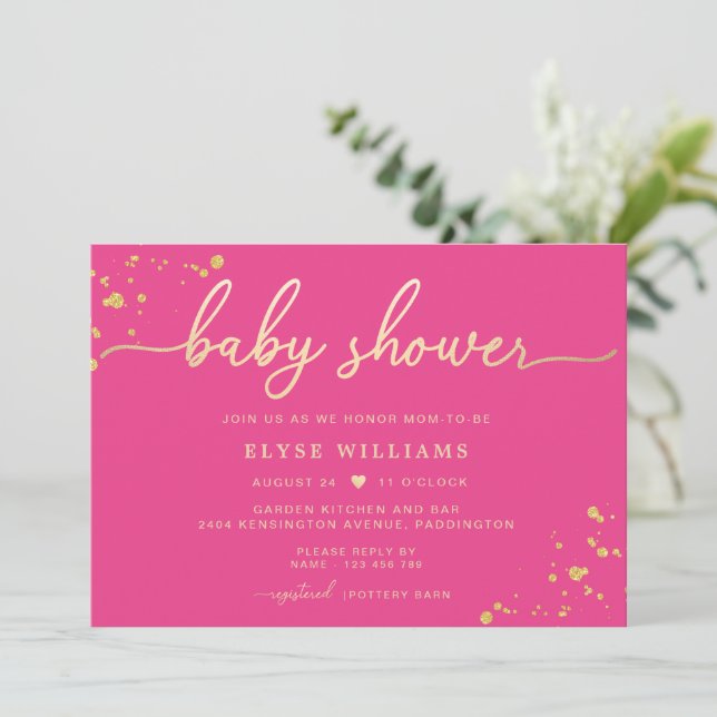 Hot Pink Gold Baby Dusche Einladung (Stehend Vorderseite)