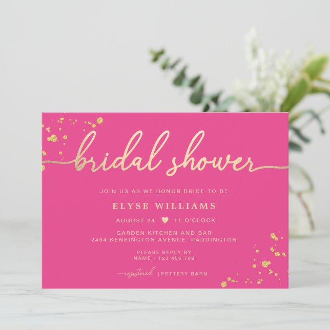 Hot Pink Gold Bridal Dusche Einladung (Stehend Vorderseite)