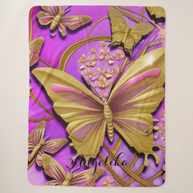Hot Pink Gold Butterfly Personalisierter Name Sherpadecke (Vorderseite)