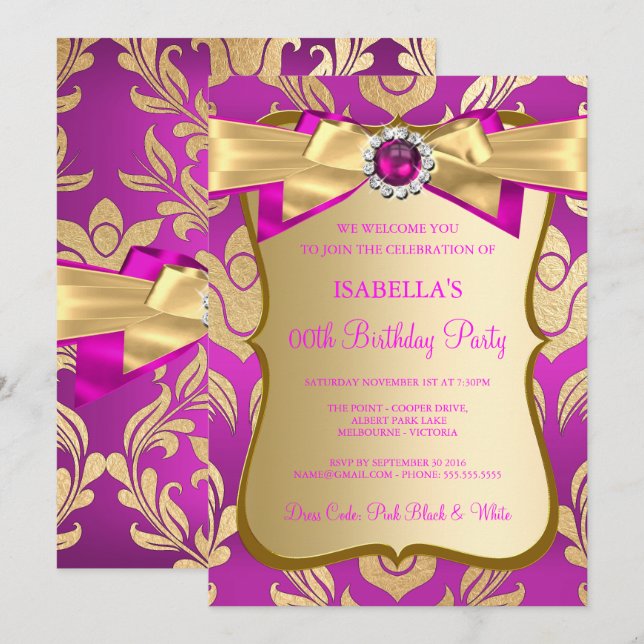 Hot Pink Gold Damask Birthday Party Einladung (Vorne/Hinten)