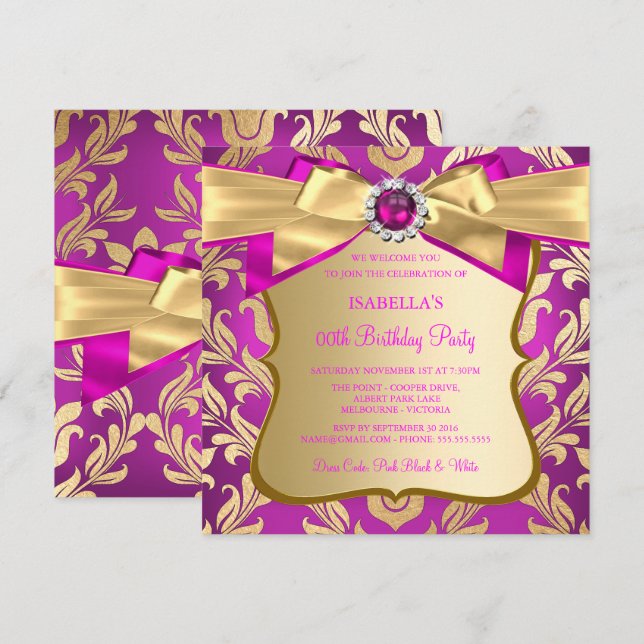 Hot Pink Gold Damask Birthday Party Einladung 2 (Vorne/Hinten)