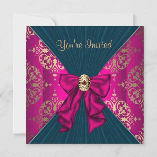 Hot Pink Gold Damask Black Krawatte Party Einladung (Vorderseite)