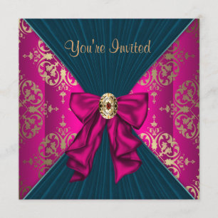 Hot Pink Gold Damask Black Krawatte Party Einladung