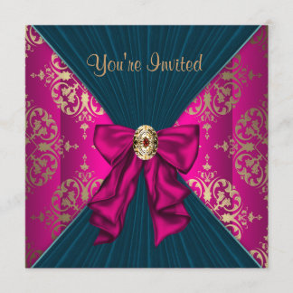 Hot Pink Gold Damask Black Krawatte Party Einladung