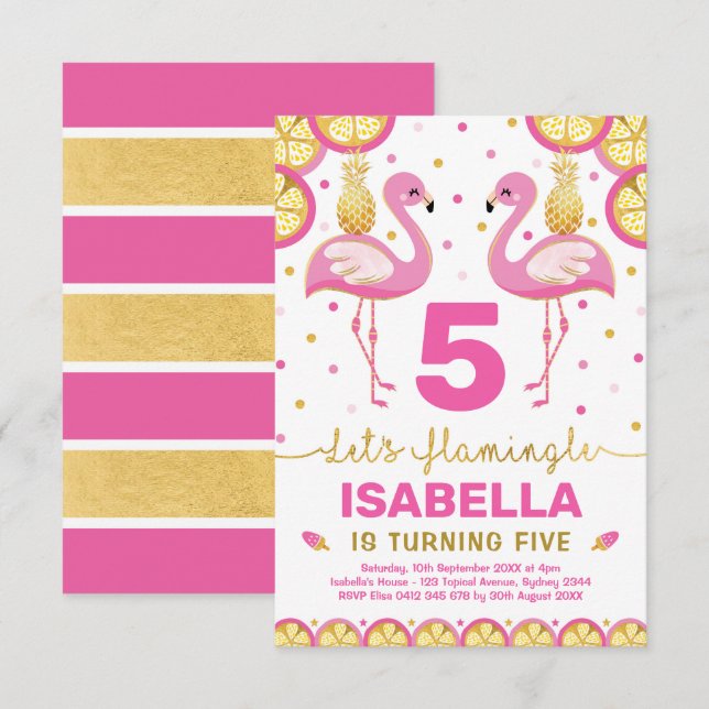 Hot Pink Gold Flamingo Tropischer Sommer Geburtsta Einladung (Vorne/Hinten)