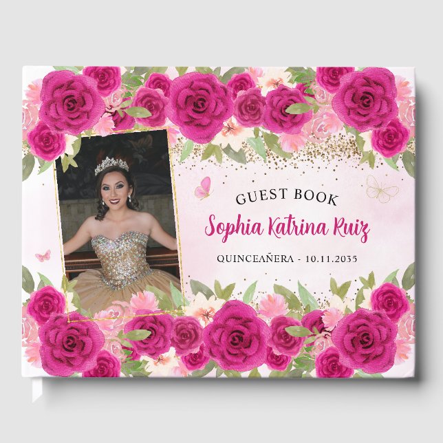 Hot Pink Gold Floral Princess Quinceañera Foto Gästebuch (Vorderseite)