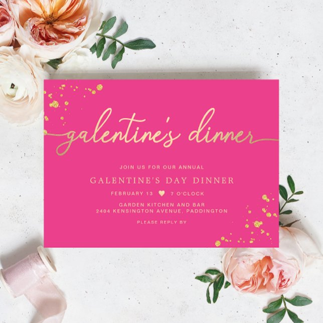 Hot Pink Gold Galentine's Day Dinner Einladung (Galentines Dinner Invitation Hot Pink Paintly Gold )