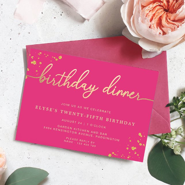 Hot Pink Gold Geburtstag Abendessen Einladung (Birthday Dinner Invitation Paintly Hot Pink Gold )