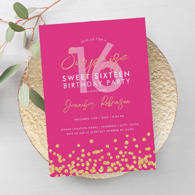 Hot Pink Gold Glitzer Confetti Überraschung Sweet  Einladung (Hot Pink Gold Glitter Confetti Surprise Sweet 16 Invitation)
