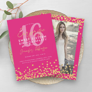 Hot Pink Gold Glitzer Foto Überraschung Sweet 16 Einladung