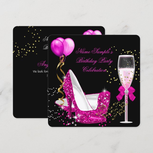 Hot Pink Gold Glitzern Black Birthday Party Einladung (Vorne/Hinten)