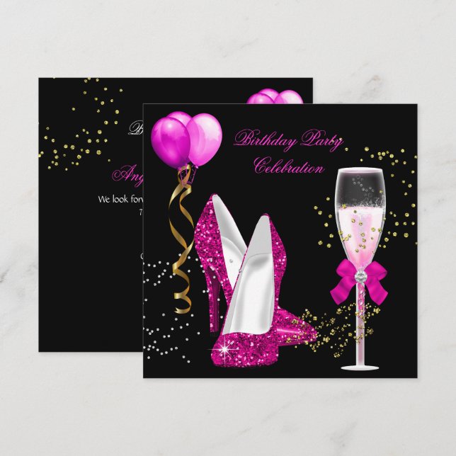Hot Pink Gold Glitzern Black Birthday Party Einladung (Vorne/Hinten)