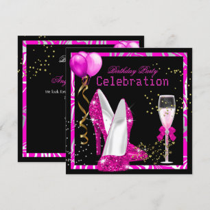 Hot Pink Gold Glitzern Zebra Black Birthday Party Einladung
