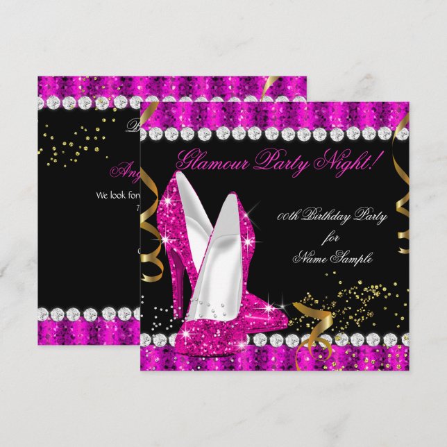 Hot Pink Gold Heelses Glitzer Glamour Party Einladung (Vorne/Hinten)