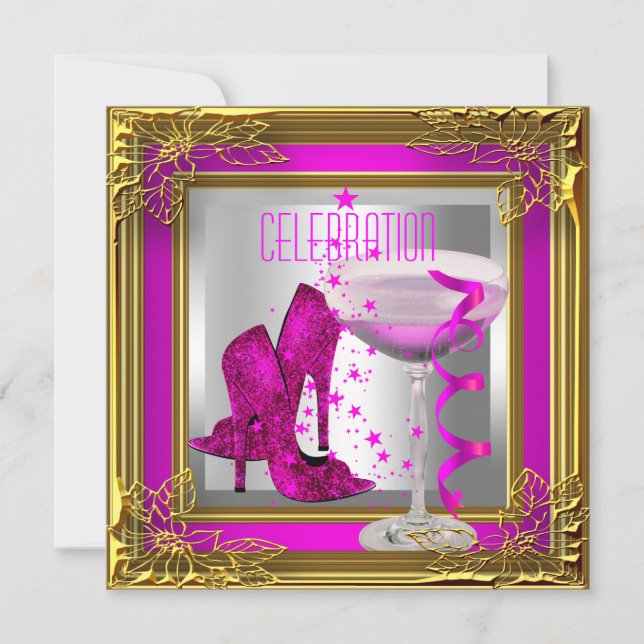 Hot Pink Gold High Heel Schuhe Champagner Einladung (Vorderseite)