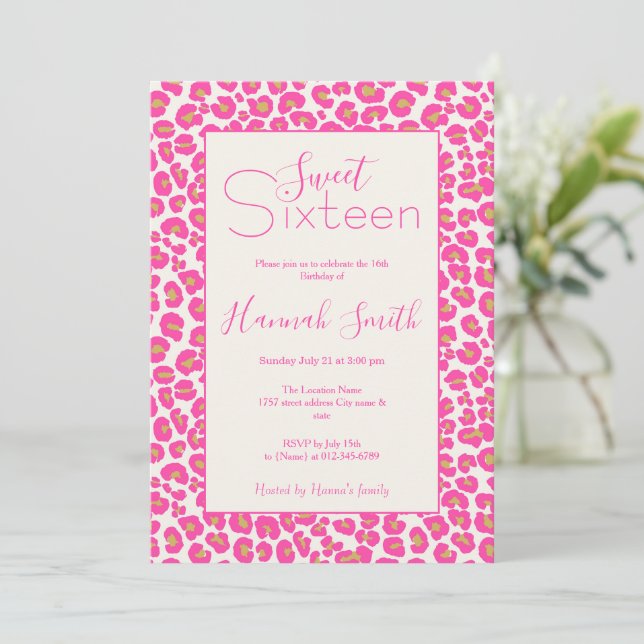 Hot Pink Gold Leopard Muster Einladung (Stehend Vorderseite)