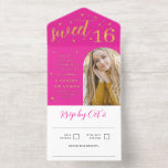 Hot Pink Gold Stars Fackeln Arch Foto Sweet 16 All-in-One-Einladung<br><div class="desc">Alles in einer Sweet 16 Einladung perfekt für ein glamouröses hellrosa 16 . Geburtstag-Fest mit vergoldeten Schriftart,  goldgelben Folienstars und Fackeln gegen einen tiefen und hellen Fuchsienrosa. Fügen Sie ein Foto des Geburtstags in Bogenform hinzu.</div>