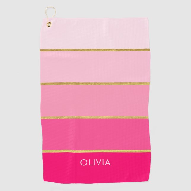 Hot Pink & Gold Strip Ombre Golf Handtuch (Vorderseite)