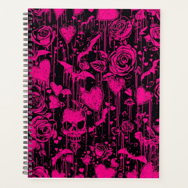 Hot Pink Gothic Roses & Skulls Pattern Planer (Vorderseite)