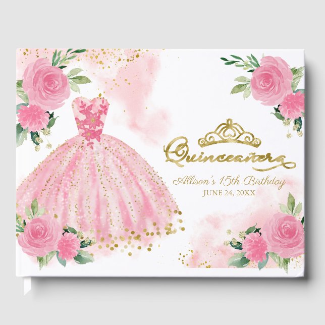 Hot Pink Gown Floral Quinceanera Gästebuch (Vorderseite)